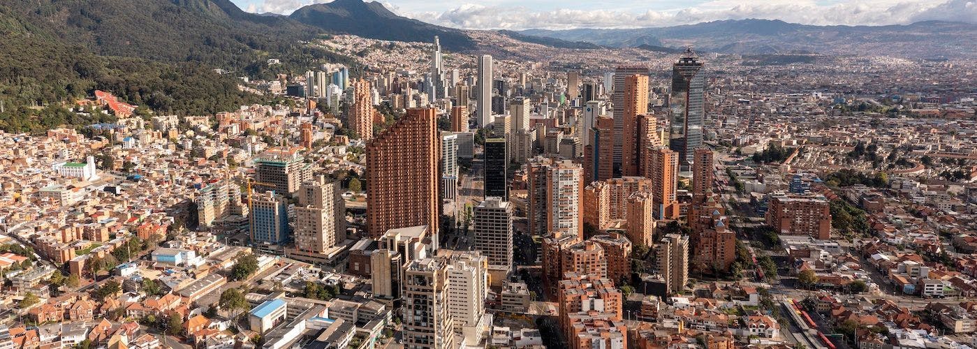 Panoramic view of Bogotá, Colombia with modern skyscrapers, signifying the city's capacity for VPS hosting services