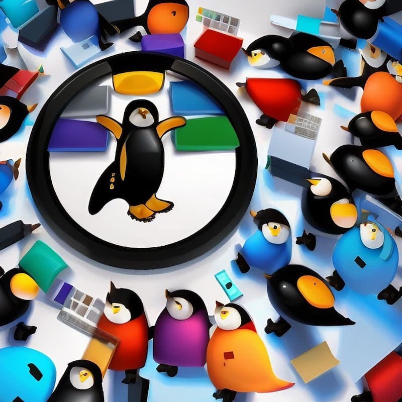 Colorful cartoon penguins gathered around a large penguin icon, representing ti