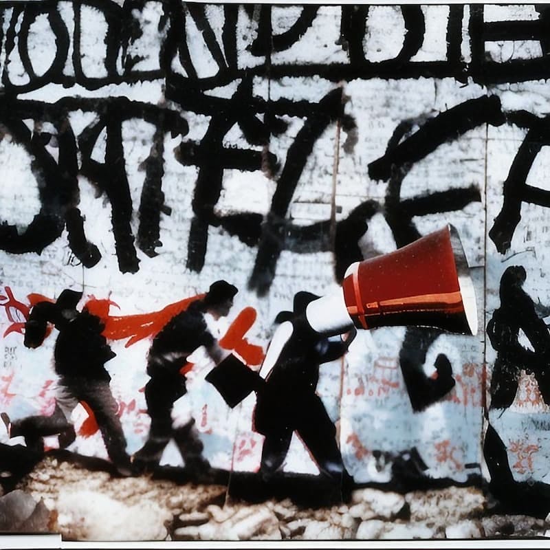 Silhouetted figures with a megaphone against a graffiti backdrop, symbolizing the advocacy for free speech through VPS hosting platforms.