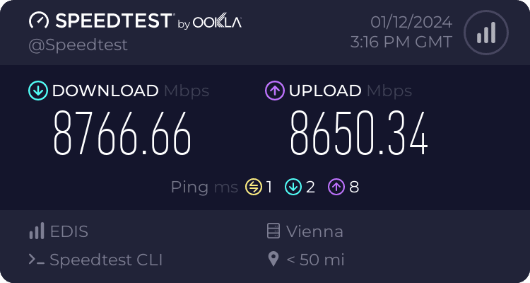 Speedtest screenshot displaying exceptional 10Gbps connectivity for Austria VPS hosting.