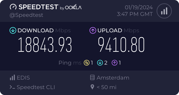 Speedtest screenshot showing exceptional 10Gbps connectivity for Amsterdam VPS hosting