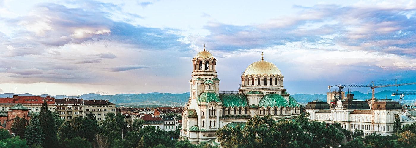 Panoramic view of Sofia, Bulgaria with Alexander Nevsky Cathedral, highlighting the city's potential as a VPS hosting center