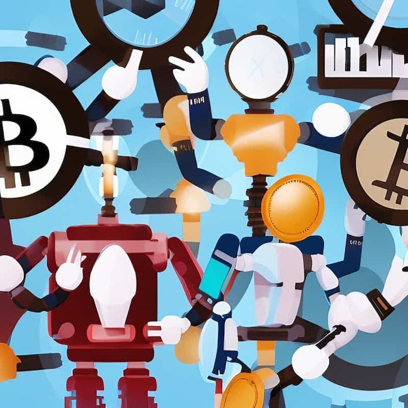 Cartoon robots engaging with Bitcoin and various timepieces, representing the precision and efficiency of crypto trading VPS for arbitrage.