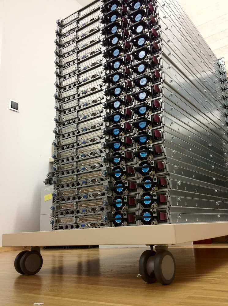 HP Proliant Enterprice servers stacked on a transport cart, prepared for installation